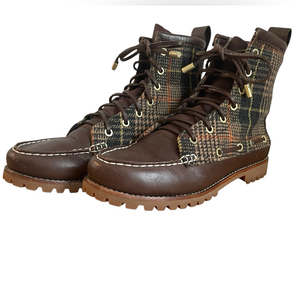 Tory Burch Amos Boots Size 7.5 Brown Leather and Plaid